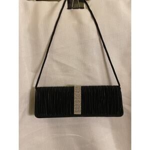 Women's Evening Formal Clutch Bag Purse Black with rhinestones rope strap EUC